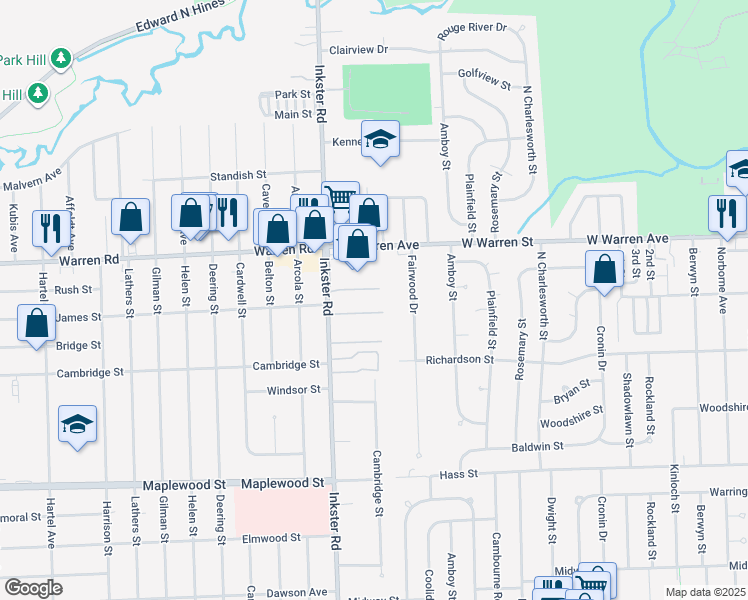 map of restaurants, bars, coffee shops, grocery stores, and more near 7026 Inkster Road in Dearborn Heights