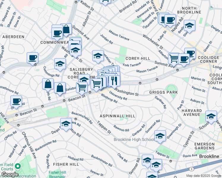 map of restaurants, bars, coffee shops, grocery stores, and more near in Brookline