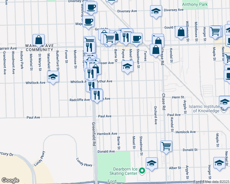 map of restaurants, bars, coffee shops, grocery stores, and more near 6547 Barrie Street in Dearborn