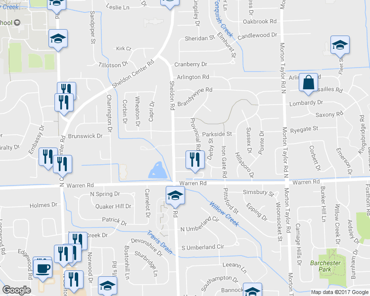 map of restaurants, bars, coffee shops, grocery stores, and more near 44261 Village Court in Canton