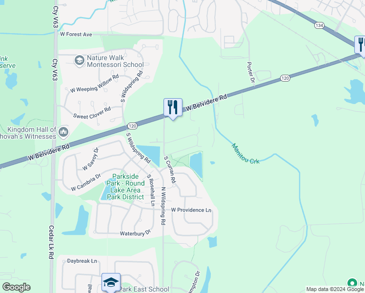map of restaurants, bars, coffee shops, grocery stores, and more near 132 West Chatham Lane in Round Lake