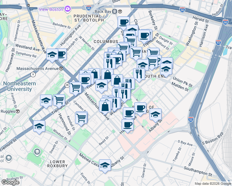 map of restaurants, bars, coffee shops, grocery stores, and more near 97 West Concord Street in Boston