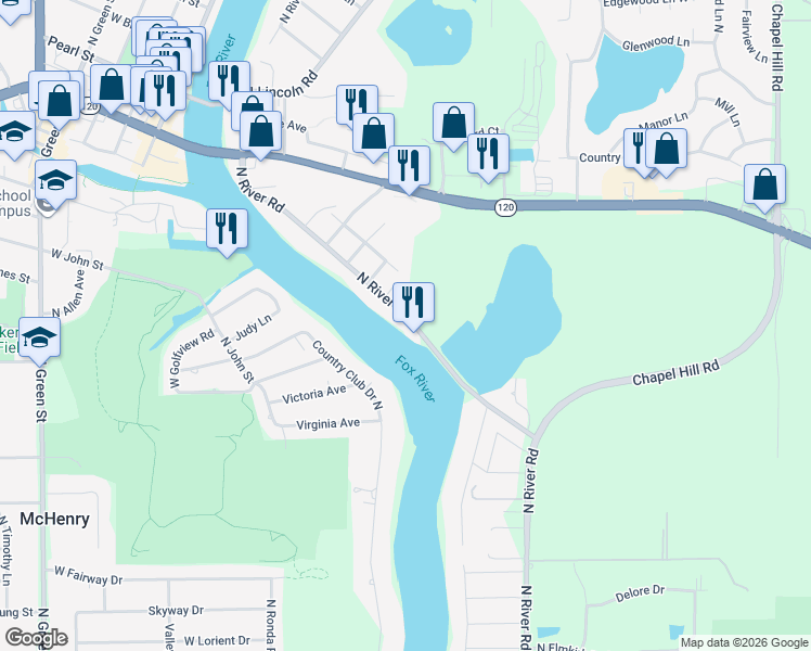 map of restaurants, bars, coffee shops, grocery stores, and more near 805 North River Road in McHenry