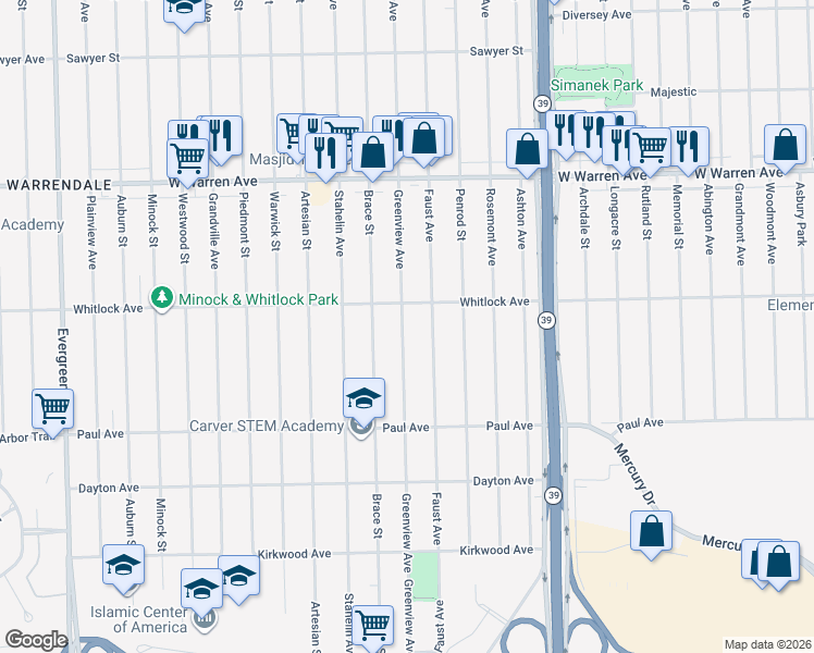 map of restaurants, bars, coffee shops, grocery stores, and more near 6506 Greenview Avenue in Detroit