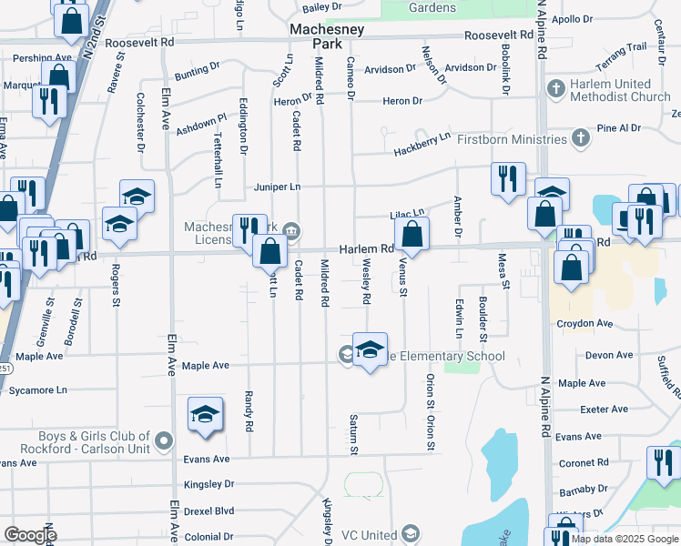 map of restaurants, bars, coffee shops, grocery stores, and more near 1306 Everett Road in Machesney Park