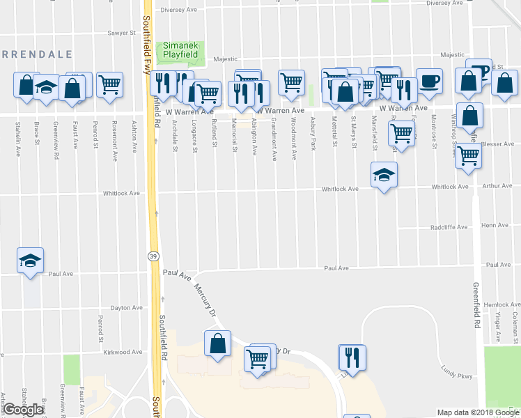 map of restaurants, bars, coffee shops, grocery stores, and more near 6490 Abington Avenue in Detroit
