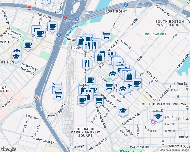map of restaurants, bars, coffee shops, grocery stores, and more near 75 Flaherty Way in Boston