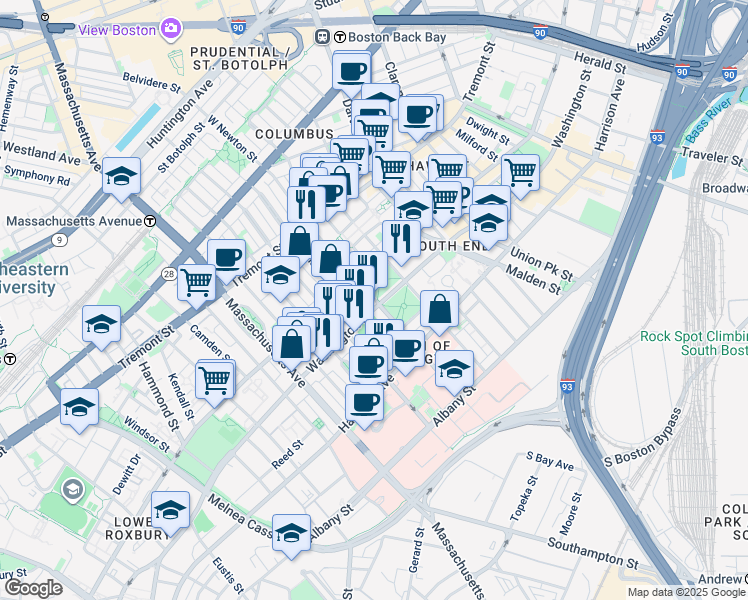 map of restaurants, bars, coffee shops, grocery stores, and more near in Boston