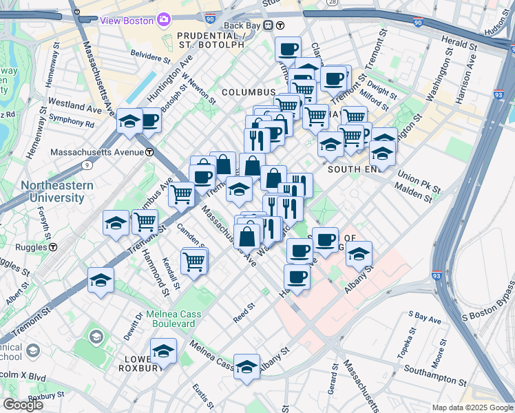 map of restaurants, bars, coffee shops, grocery stores, and more near 97 West Concord Street in Boston