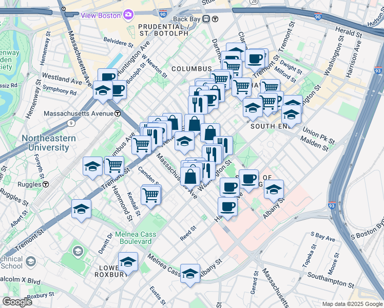 map of restaurants, bars, coffee shops, grocery stores, and more near 57 Worcester Street in Boston