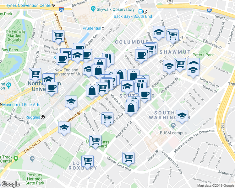map of restaurants, bars, coffee shops, grocery stores, and more near in Boston