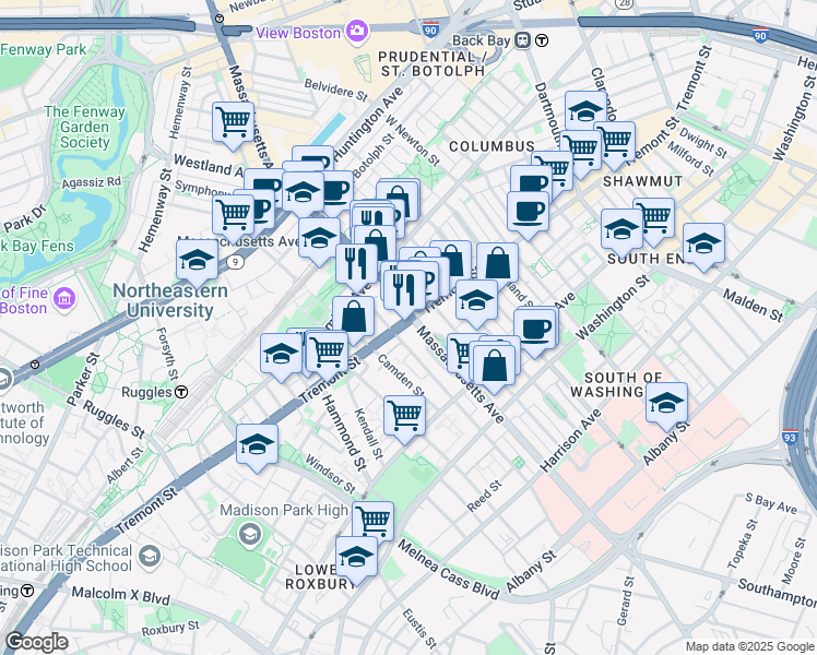 map of restaurants, bars, coffee shops, grocery stores, and more near in Boston