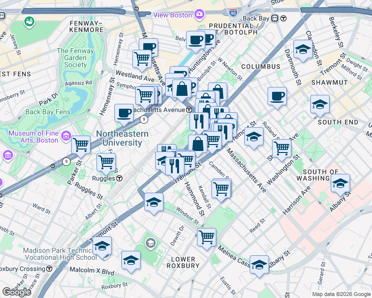 map of restaurants, bars, coffee shops, grocery stores, and more near in Boston