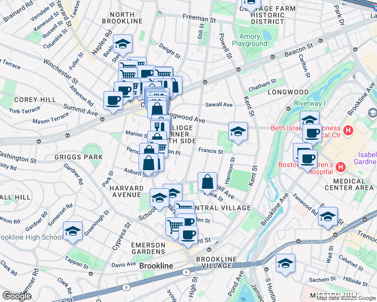 map of restaurants, bars, coffee shops, grocery stores, and more near 65 Saint Paul Street in Brookline