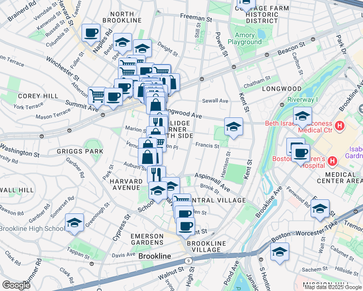 map of restaurants, bars, coffee shops, grocery stores, and more near 36 Alton Place in Brookline