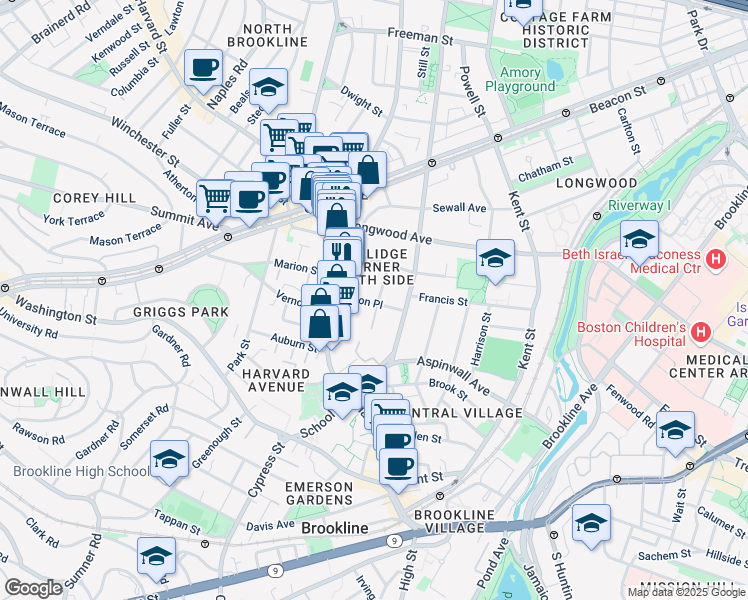 map of restaurants, bars, coffee shops, grocery stores, and more near 36 Alton Place in Brookline