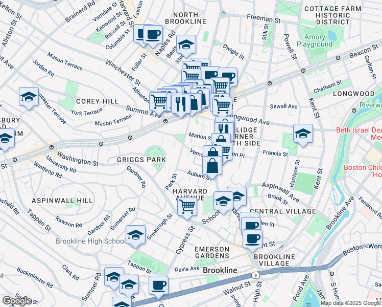 map of restaurants, bars, coffee shops, grocery stores, and more near 54 Vernon Street in Brookline