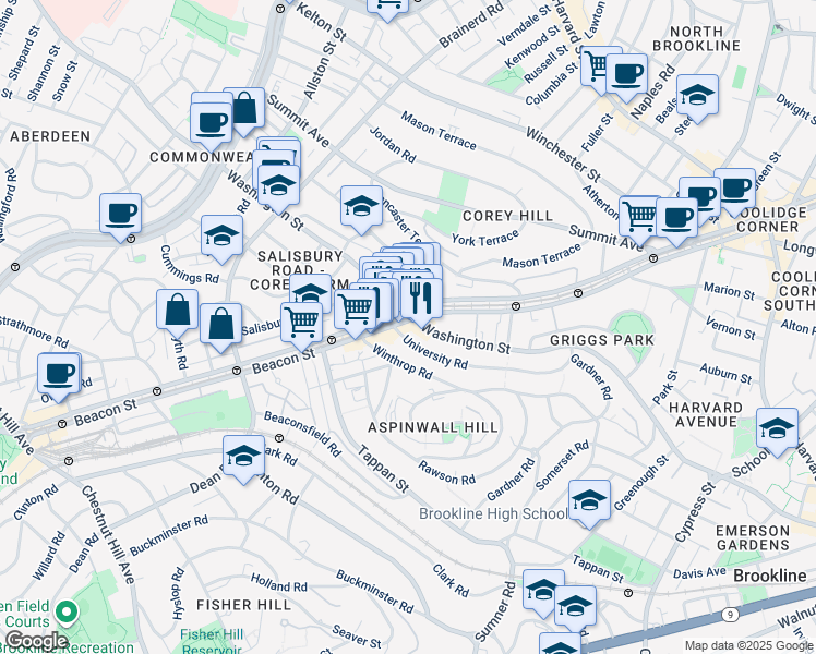 map of restaurants, bars, coffee shops, grocery stores, and more near in Brookline