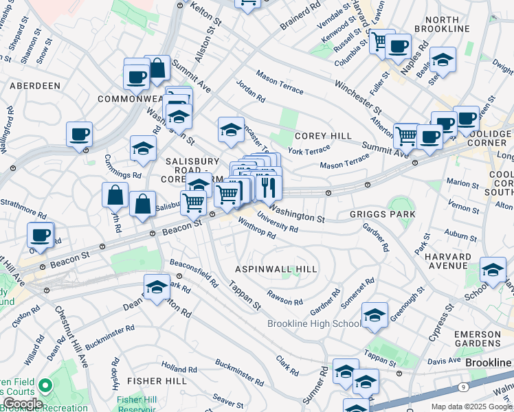 map of restaurants, bars, coffee shops, grocery stores, and more near in Brookline