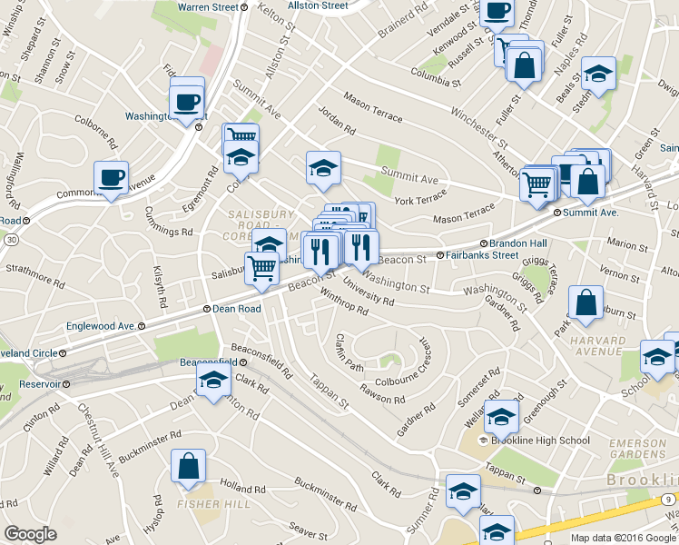 map of restaurants, bars, coffee shops, grocery stores, and more near in Brookline
