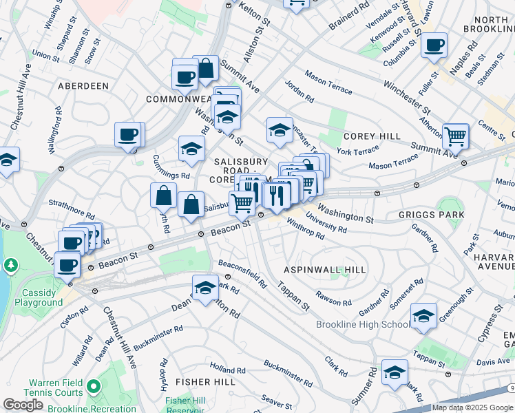 map of restaurants, bars, coffee shops, grocery stores, and more near in Brookline