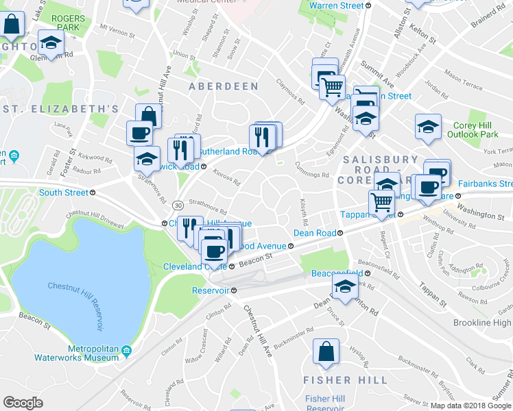 map of restaurants, bars, coffee shops, grocery stores, and more near 9 Kilsyth Terrace in Boston