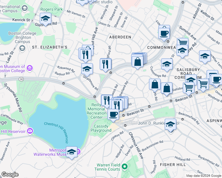 map of restaurants, bars, coffee shops, grocery stores, and more near 104 Strathmore Road in Boston