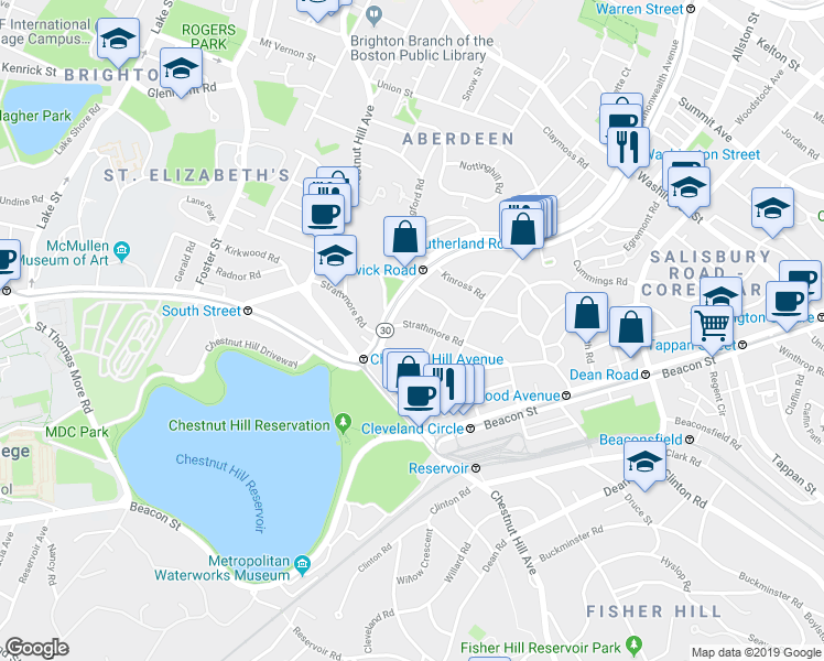 map of restaurants, bars, coffee shops, grocery stores, and more near 104 Strathmore Road in Boston