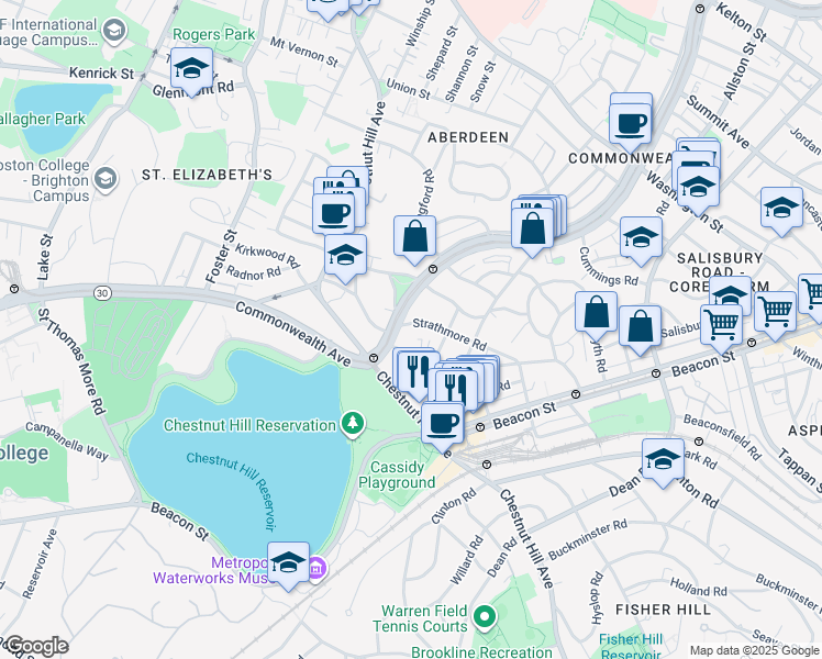 map of restaurants, bars, coffee shops, grocery stores, and more near 104 Strathmore Road in Boston