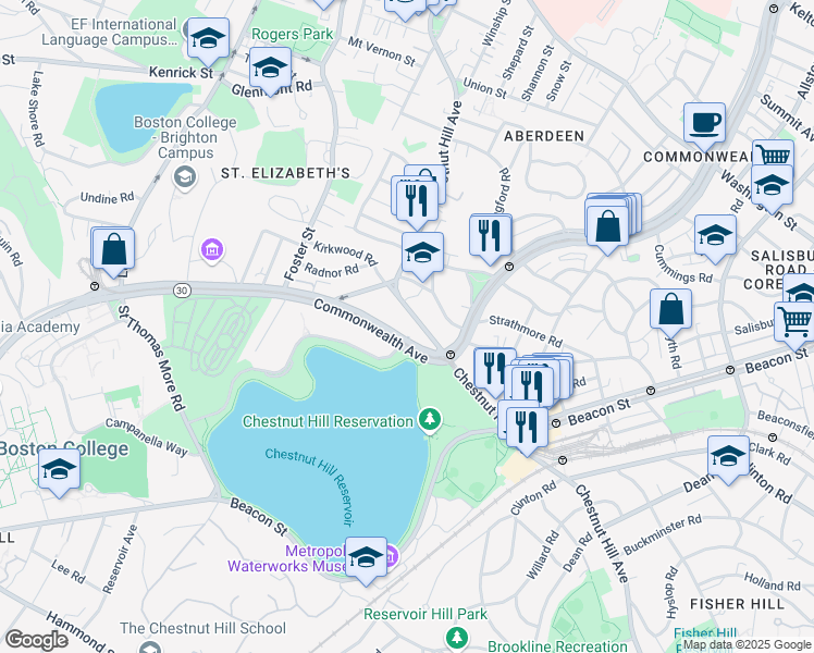 map of restaurants, bars, coffee shops, grocery stores, and more near 1931 Commonwealth Avenue in Boston