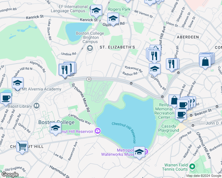 map of restaurants, bars, coffee shops, grocery stores, and more near 18 Wade Street in Boston