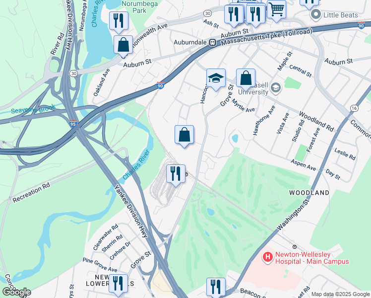 map of restaurants, bars, coffee shops, grocery stores, and more near 269 Grove Street in Newton