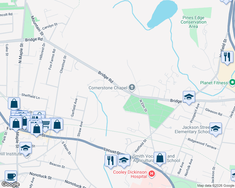 map of restaurants, bars, coffee shops, grocery stores, and more near 575 Bridge Road in Northampton