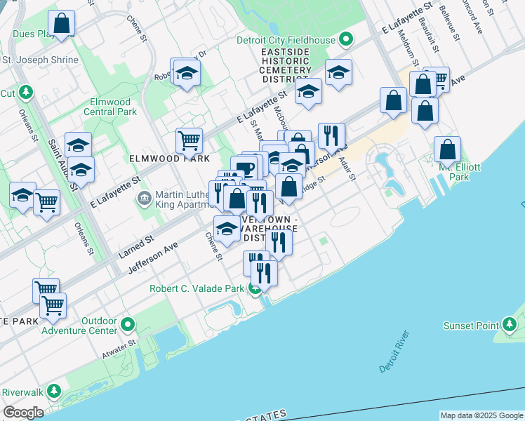 map of restaurants, bars, coffee shops, grocery stores, and more near 2902 Woodbridge Street in Detroit