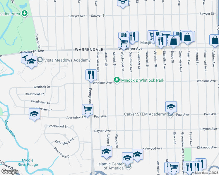 map of restaurants, bars, coffee shops, grocery stores, and more near 6525 Minock Street in Detroit