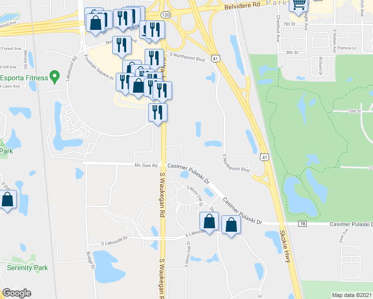 map of restaurants, bars, coffee shops, grocery stores, and more near 3670 Casimer Pulaski Drive in Waukegan