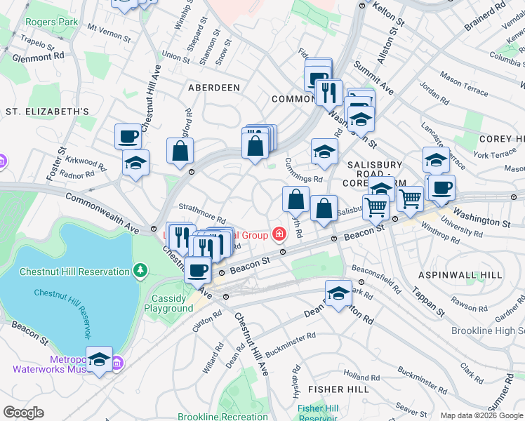 map of restaurants, bars, coffee shops, grocery stores, and more near 16 Lanark Road in Boston