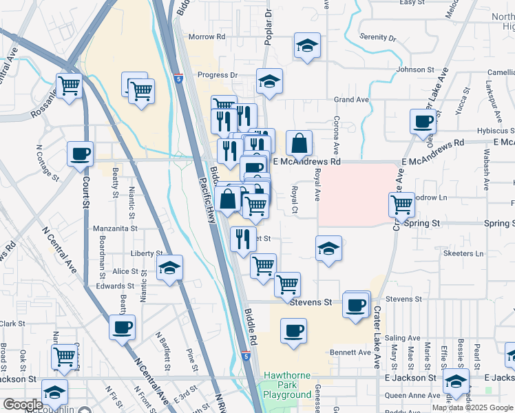 map of restaurants, bars, coffee shops, grocery stores, and more near 970 Biddle Road in Medford