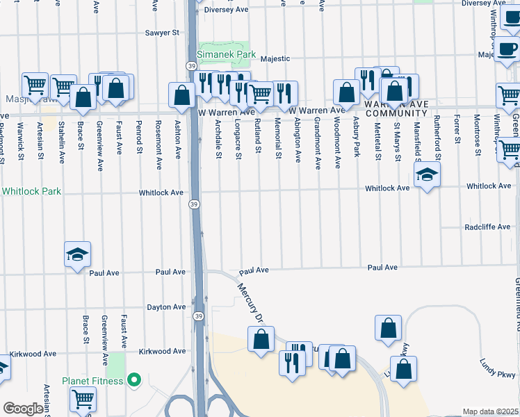 map of restaurants, bars, coffee shops, grocery stores, and more near 6499 Rutland St in Detroit