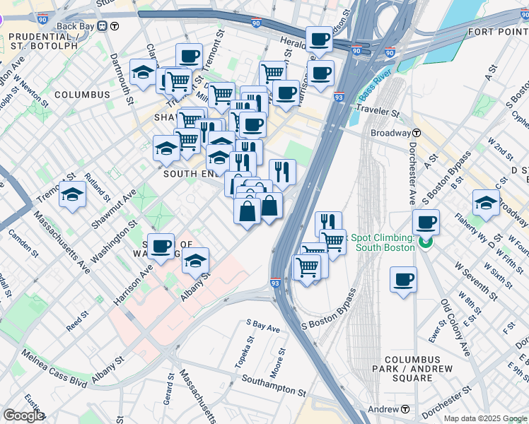 map of restaurants, bars, coffee shops, grocery stores, and more near 141 Malden Street in Boston