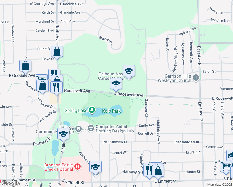 map of restaurants, bars, coffee shops, grocery stores, and more near 475 East Roosevelt Avenue in Battle Creek