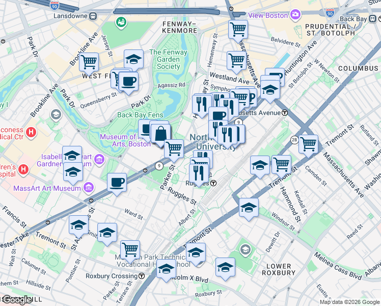 map of restaurants, bars, coffee shops, grocery stores, and more near 420 Huntington Avenue in Boston