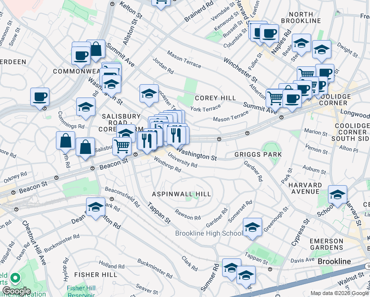 map of restaurants, bars, coffee shops, grocery stores, and more near 1624 Beacon Street in Brookline