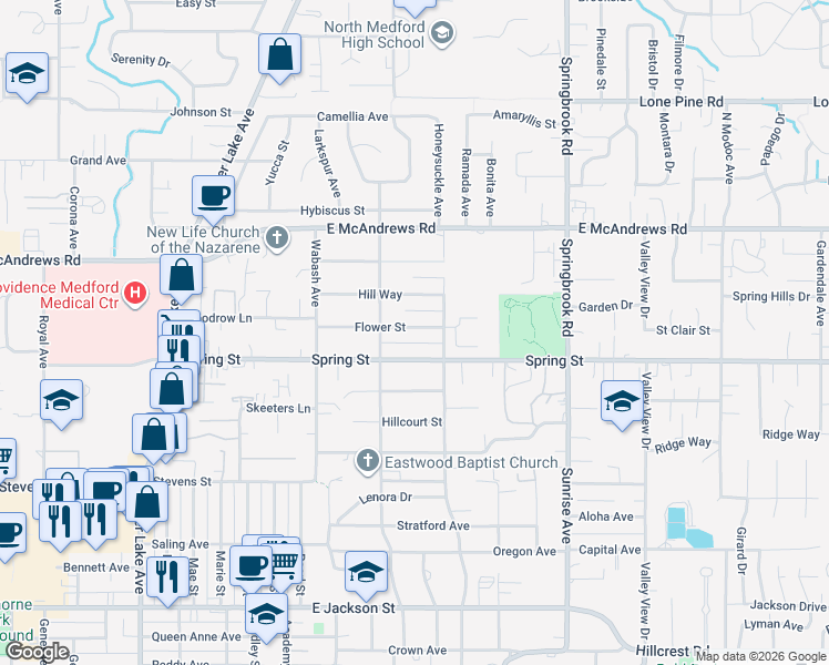 map of restaurants, bars, coffee shops, grocery stores, and more near 1456 Flower Street in Medford