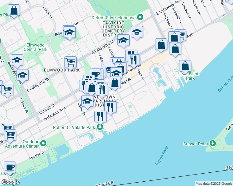 map of restaurants, bars, coffee shops, grocery stores, and more near 2987 Franklin Street in Detroit