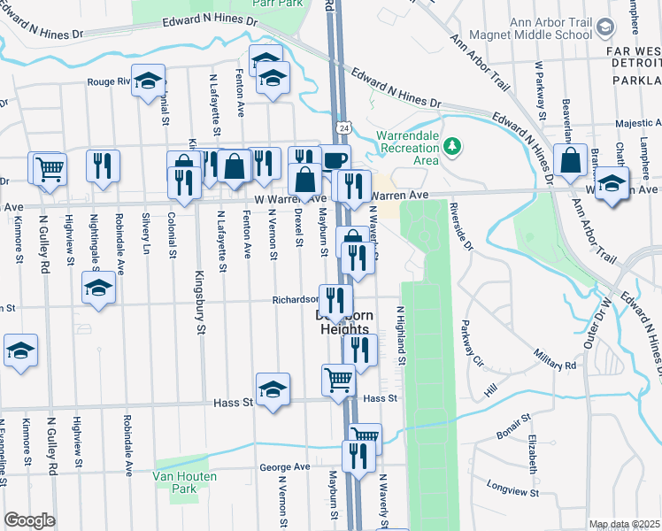 map of restaurants, bars, coffee shops, grocery stores, and more near 6882 Mayburn Street in Dearborn Heights