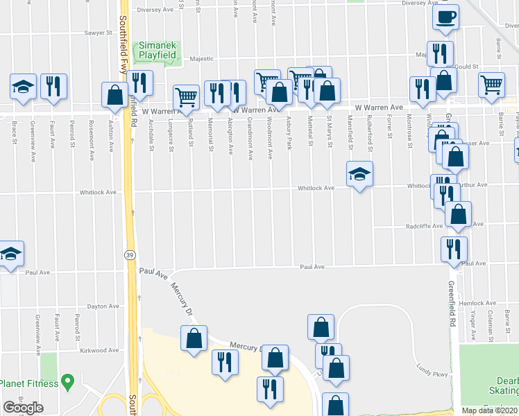 map of restaurants, bars, coffee shops, grocery stores, and more near 6492 Grandmont Avenue in Detroit