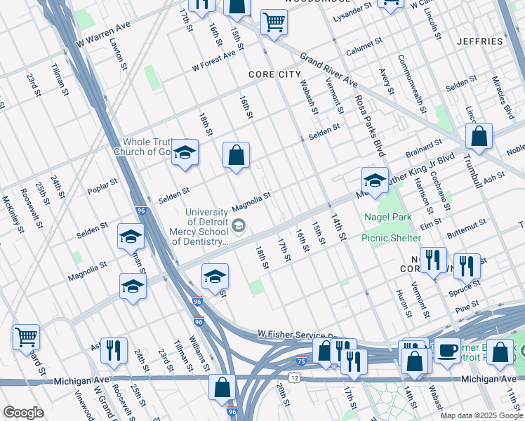 map of restaurants, bars, coffee shops, grocery stores, and more near 3575 17th Street in Detroit