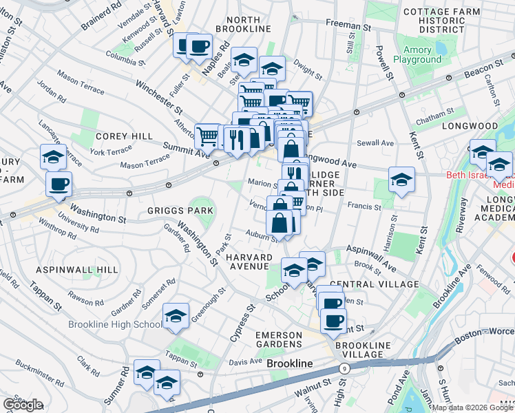 map of restaurants, bars, coffee shops, grocery stores, and more near Vernon St & Harris St in Brookline