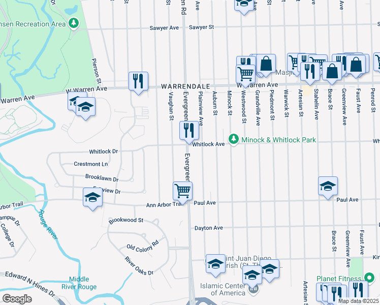 map of restaurants, bars, coffee shops, grocery stores, and more near 6520 Evergreen Road in Detroit